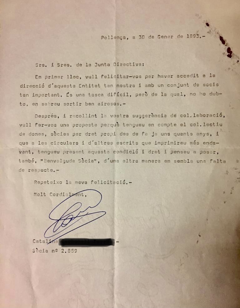 Carta d'una sòcia del Club Pollença reclamant els seus deres com a dona.